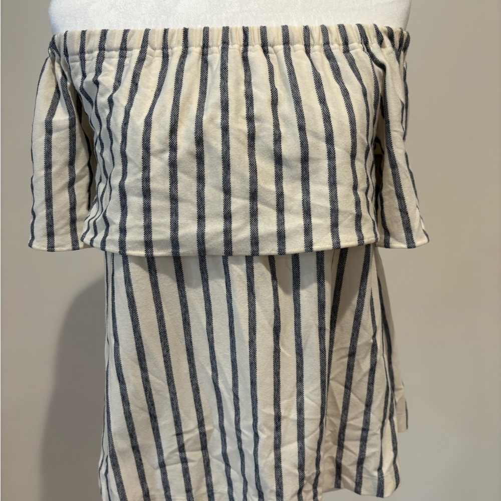 Banana Republic Navy and Cream Striped Off Shoulder Top